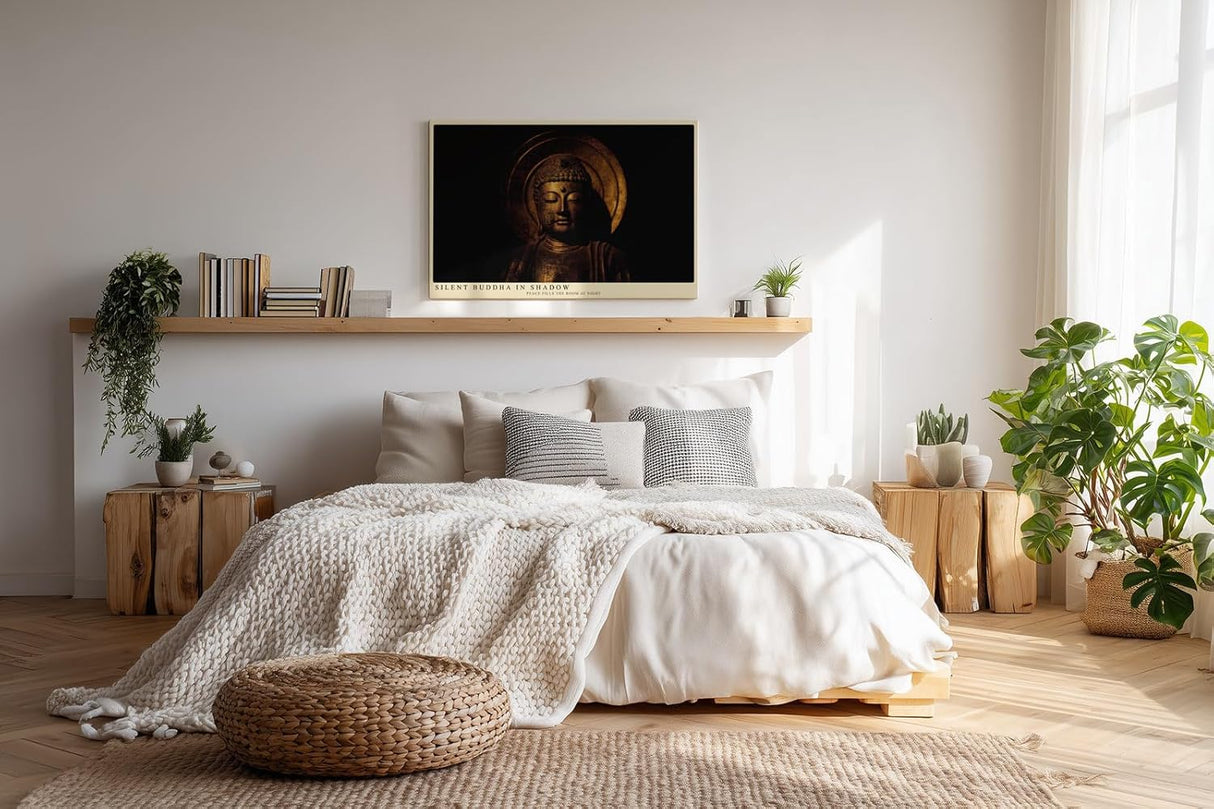 Paul Sinus Wandbild 120x80cm Buddha Statue Spirituelle Kunst Goldene Meditation Figur Zen Kunstdruck Poster Grosse Wanddekoration fuer Wohnzimmer Schlafzimmer Meditationraum