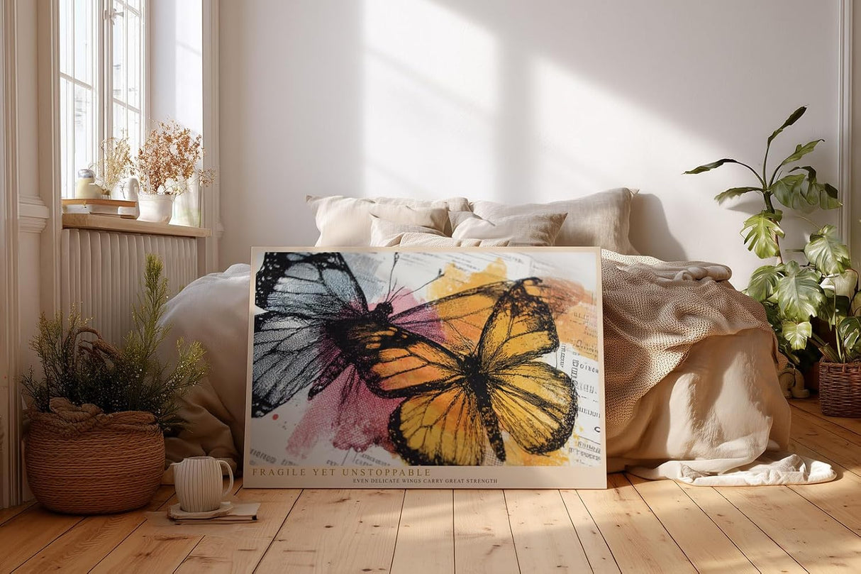 Paul Sinus Wandbild 120x80cm bunte Schmetterlinge moderne Mixed Media Kunst mit orange gelben Fluegeln stilvolle Wanddekoration fuer Wohnzimmer Büro