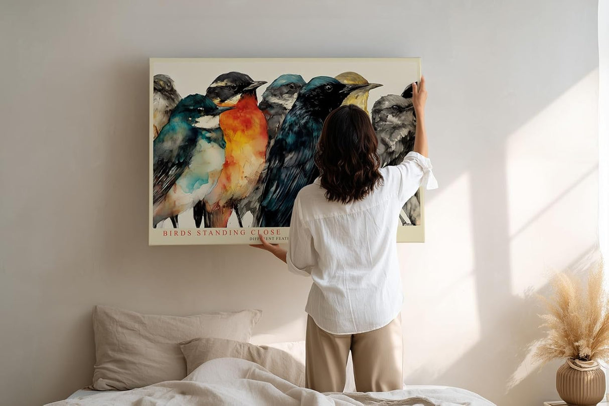 Paul Sinus Wandbild 120x80cm bunte Voegel moderne Tierillustration farbenfrohe Naturkunst grosses Kunstbild stilvolle Wanddekoration fuer Wohnzimmer Büro