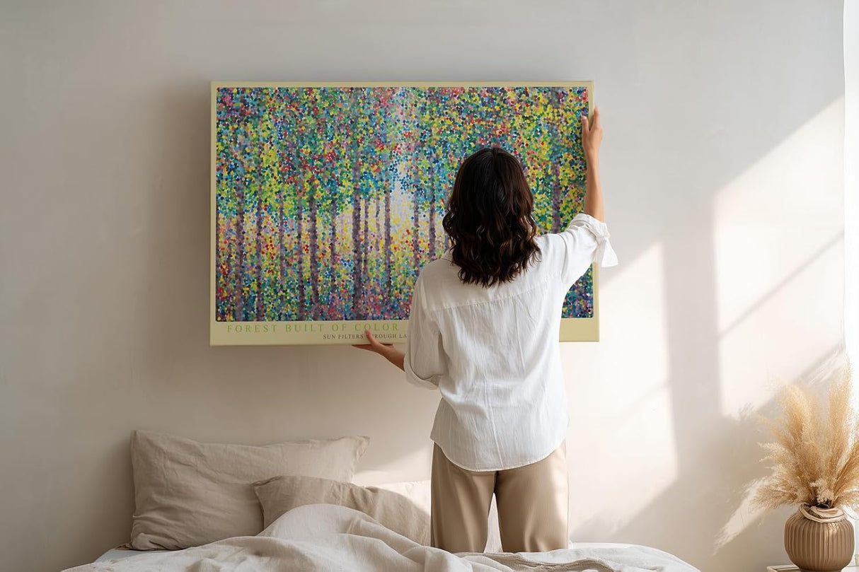 Paul Sinus Wandbild 120x80cm Bunter Wald Punktmalerei Moderne Natur Kunst Landschaft mit farbigen Punkten