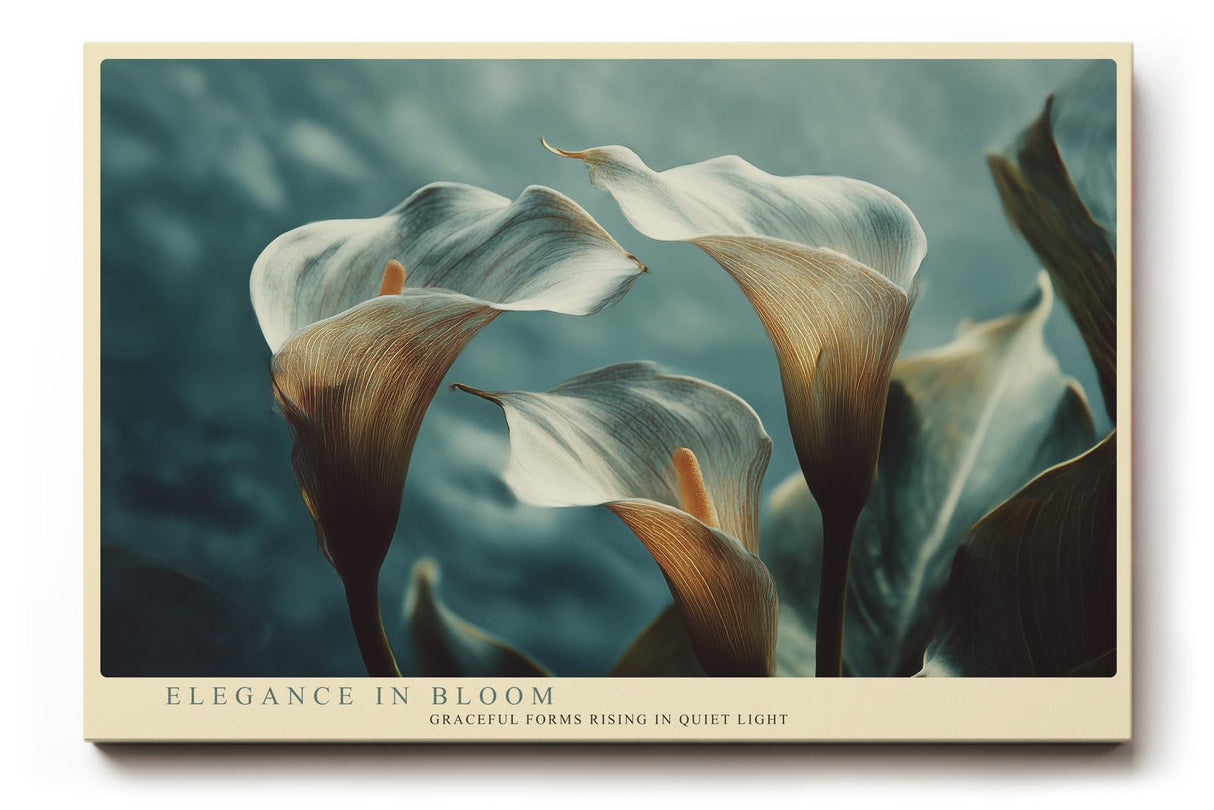 Paul Sinus Wandbild 120x80cm Calla Lilien modern elegante Blumenfotografie blau beige florale Kunst grosses Kunstbild stilvolle Wanddekoration fuer Wohnzimmer Büro