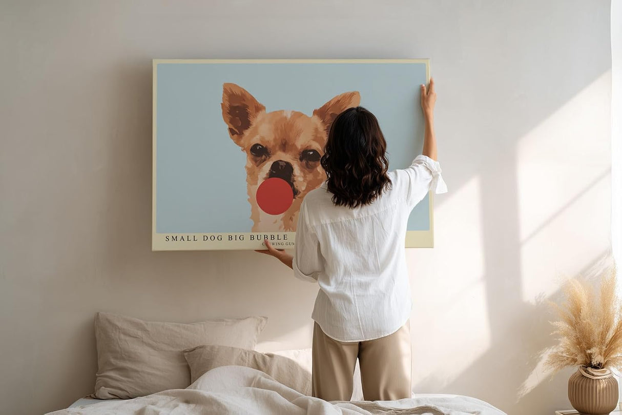 Paul Sinus Wandbild 120x80cm Chihuahua Hund mit Kaugummi Illustration lustiges Hunde Kunstposter in warmen Farben moderne Wanddekoration fuer Wohnzimmer Kinderzimmer Büro