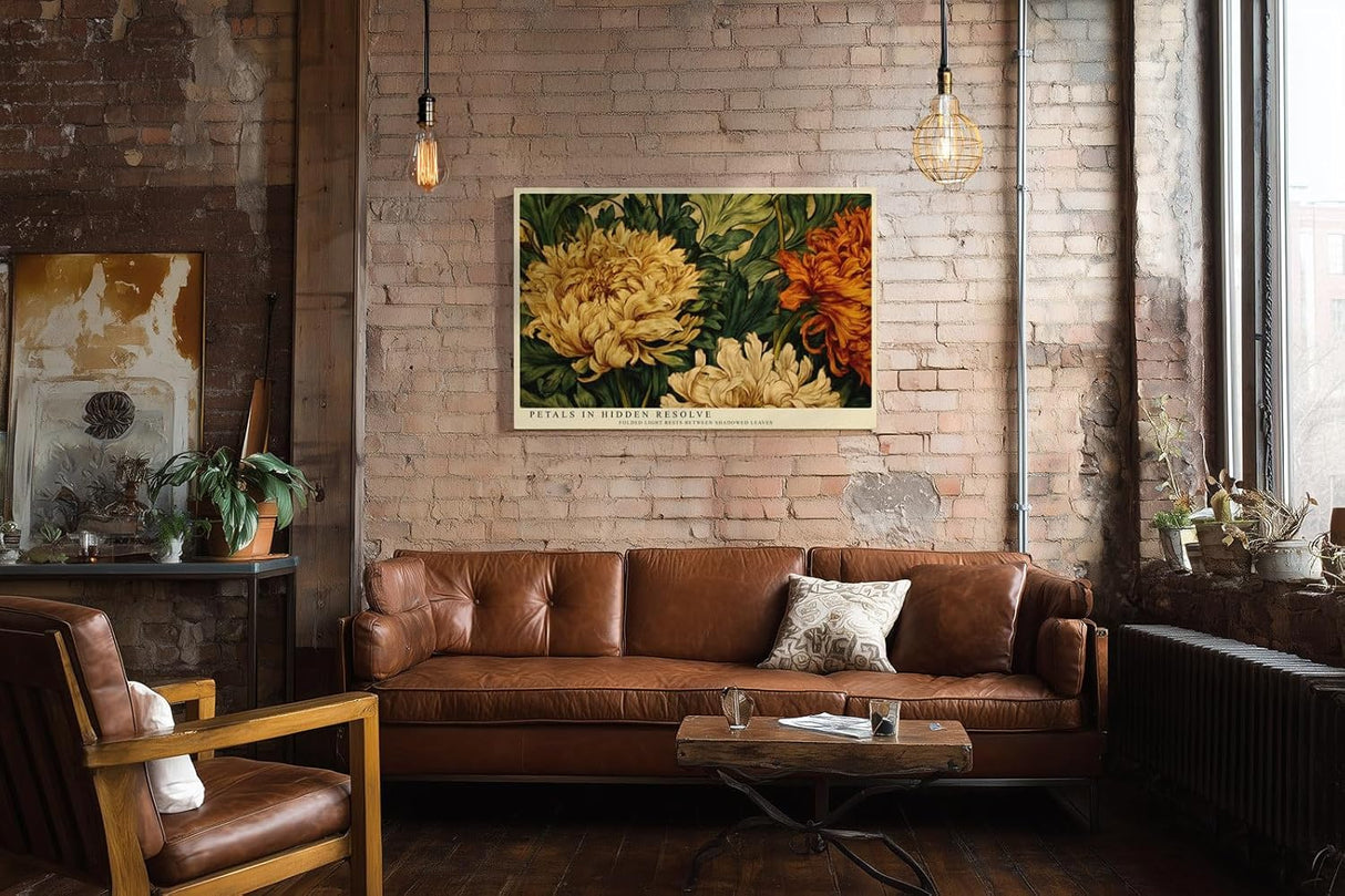 Paul Sinus Wandbild 120x80cm Chrysanthemen Blumen Kunst Klassisches Florales Motiv in Gold und Gruen fuer Wohnzimmer Schlafzimmer und Esszimmer