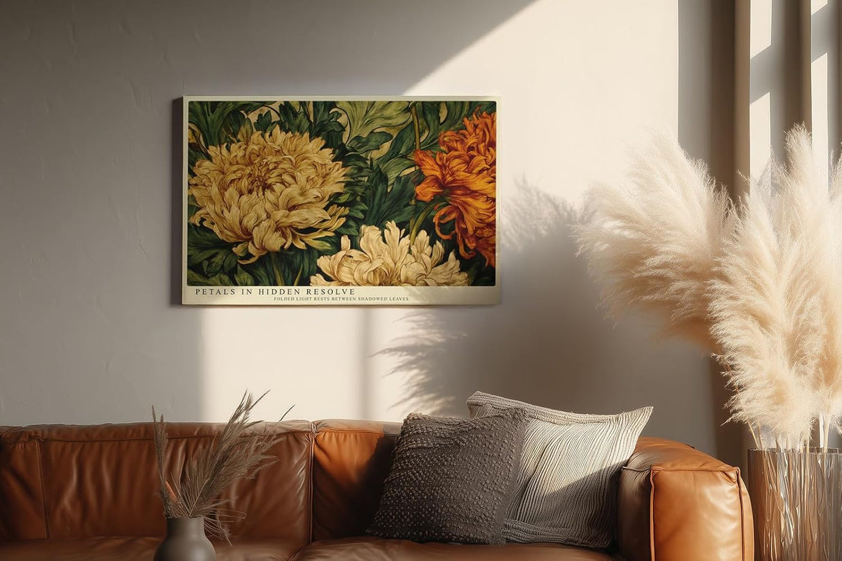 Paul Sinus Wandbild 120x80cm Chrysanthemen Blumen Kunst Klassisches Florales Motiv in Gold und Gruen fuer Wohnzimmer Schlafzimmer und Esszimmer