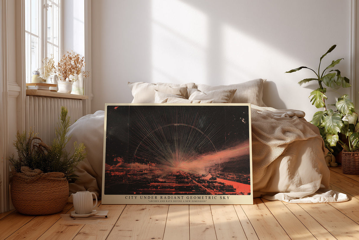Paul Sinus Wandbild City Under Radiant Geometric Sky futuristisches Stadtmotiv mit geometrischem Lichtspiel in Rot und Schwarz