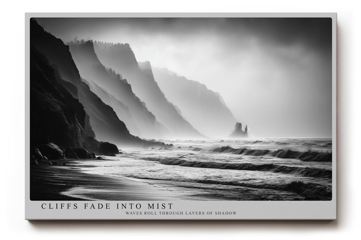 Paul Sinus Wandbild 120x80cm Cliffs Fade into Mist dramatische schwarz weiß Küstenlandschaft mit Klippen und Meer moderne Natur Fotokunst Poster für Wohnzimmer Büro