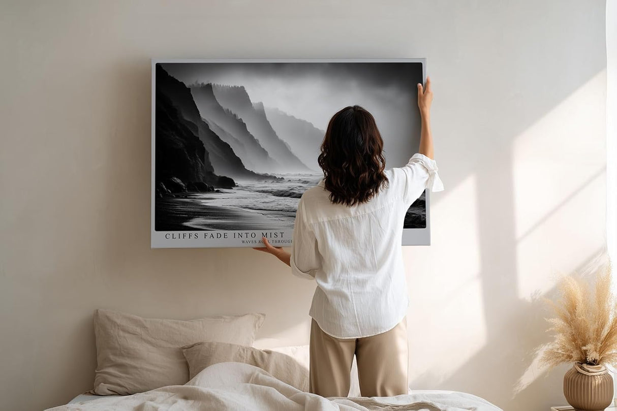Paul Sinus Wandbild 120x80cm Cliffs Fade into Mist dramatische schwarz weiß Küstenlandschaft mit Klippen und Meer moderne Natur Fotokunst Poster für Wohnzimmer Büro
