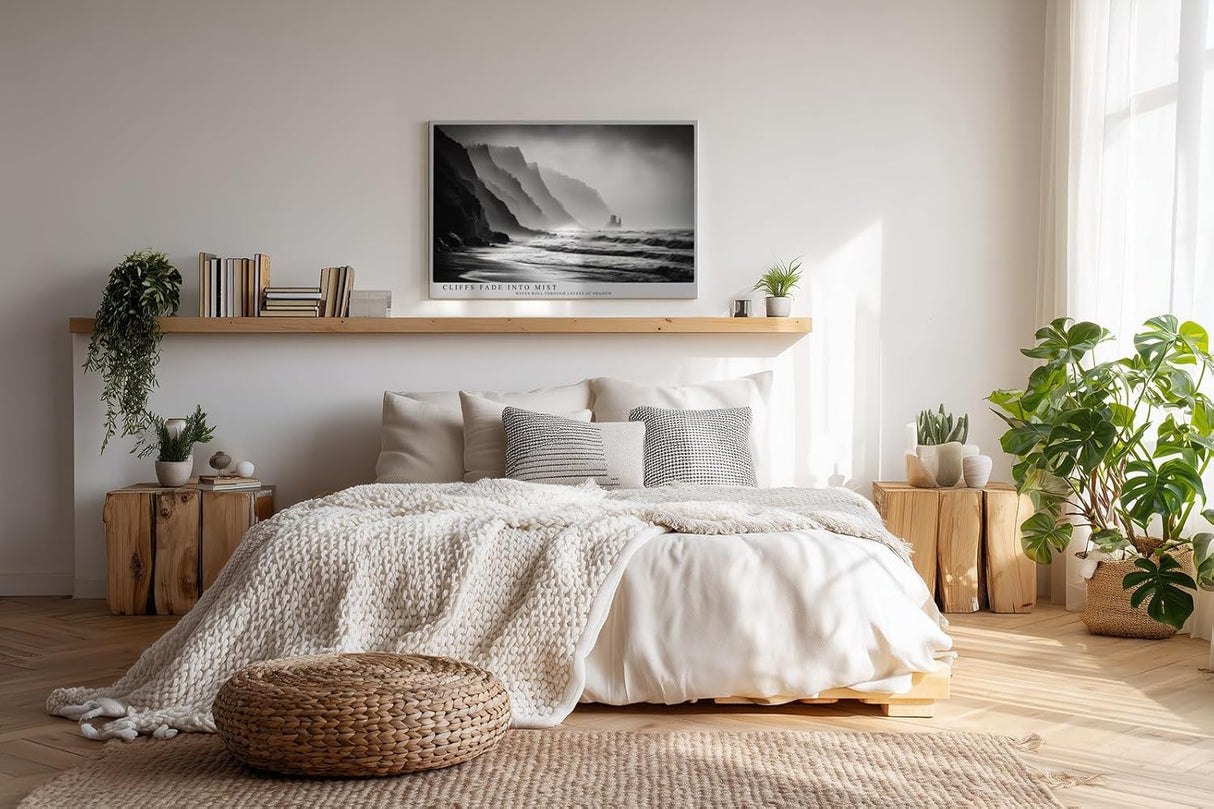 Paul Sinus Wandbild 120x80cm Cliffs Fade into Mist dramatische schwarz weiß Küstenlandschaft mit Klippen und Meer moderne Natur Fotokunst Poster für Wohnzimmer Büro