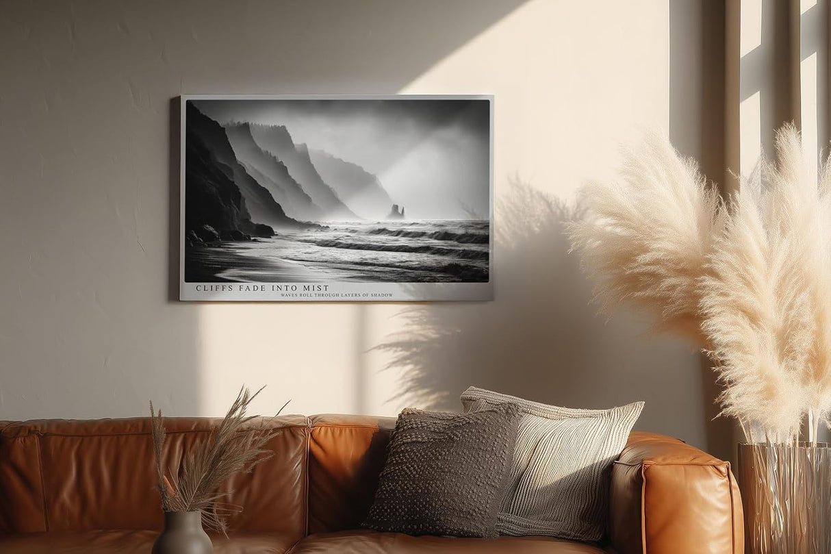 Paul Sinus Wandbild 120x80cm Cliffs Fade into Mist dramatische schwarz weiß Küstenlandschaft mit Klippen und Meer moderne Natur Fotokunst Poster für Wohnzimmer Büro