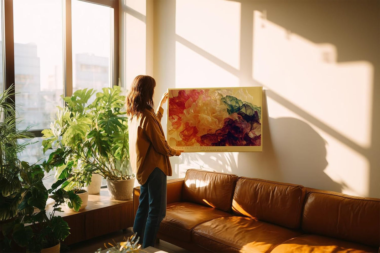Paul Sinus Wandbild 120x80cm Color in Soft Waves Abstrakte Farbwolken Kunst in Rot Gelb Gruen Modernes Design Wandbild 120x80cm fuer Wohnzimmer und Büro