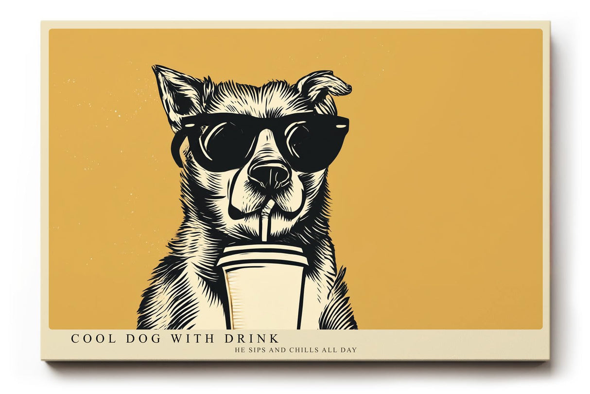 Paul Sinus Wandbild 120x80cm cooler Hund mit Sonnenbrille Illustration Pop Art Tiermotiv gelb schwarz modernes Humor Kunstbild stilvolle Wanddekoration für Wohnzimmer Küche Büro