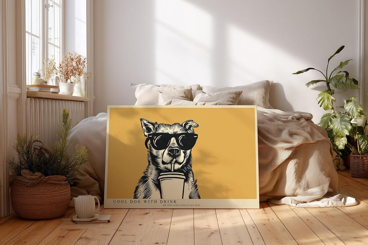 Paul Sinus Wandbild 120x80cm cooler Hund mit Sonnenbrille Illustration Pop Art Tiermotiv gelb schwarz modernes Humor Kunstbild stilvolle Wanddekoration für Wohnzimmer Küche Büro