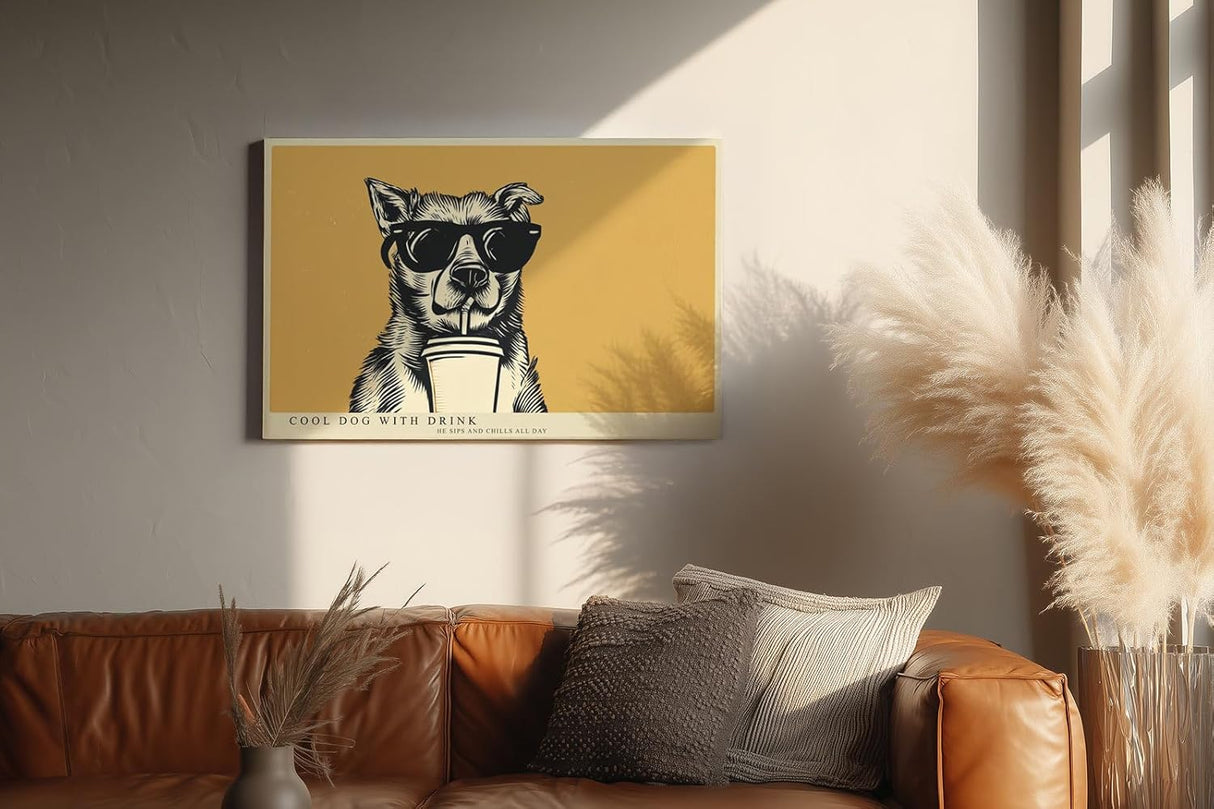 Paul Sinus Wandbild 120x80cm cooler Hund mit Sonnenbrille Illustration Pop Art Tiermotiv gelb schwarz modernes Humor Kunstbild stilvolle Wanddekoration für Wohnzimmer Küche Büro