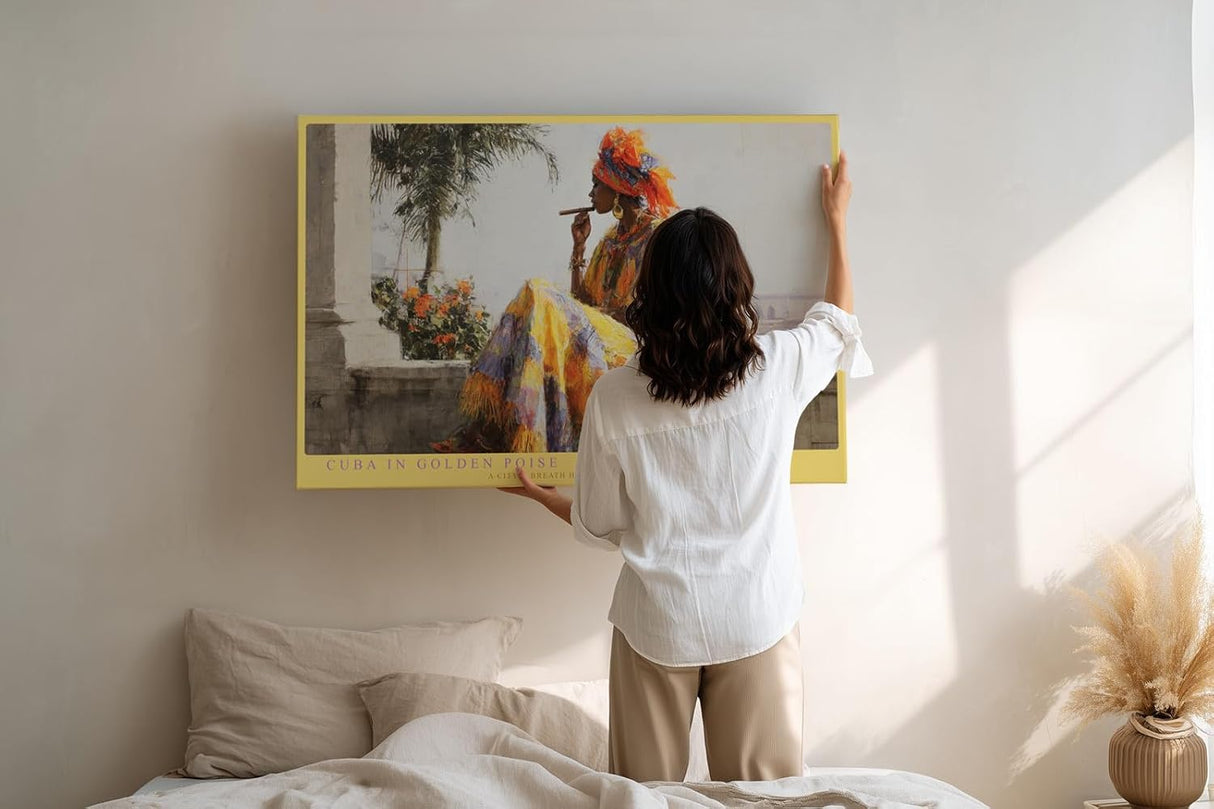 Paul Sinus Wandbild 120x80cm Cuba in Golden Poise Frau mit Zigarre in Havanna Kubanische Kunst Szene fuer Wohnzimmer und Büro