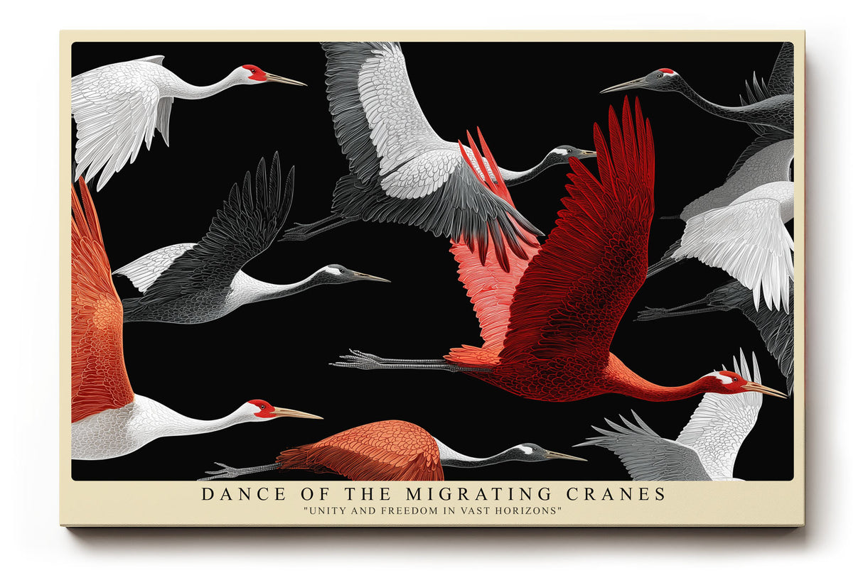 Paul Sinus Wandbild Dance of the Migrating Cranes – Grafische Darstellung fliegender Kraniche, Symbol für Freiheit, Bewegung und Harmonie