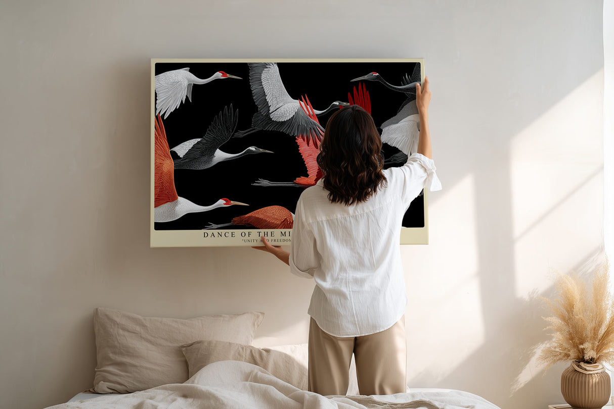 Paul Sinus Wandbild Dance of the Migrating Cranes – Grafische Darstellung fliegender Kraniche, Symbol für Freiheit, Bewegung und Harmonie