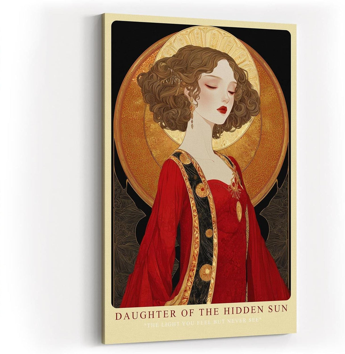 Paul Sinus Wandbild in 40x60cm Daughter of the Hidden Sun Stilisiertes Frauenporträt in Rot und Gold mit ornamentalen Details für luxuriöse Raumgestaltung