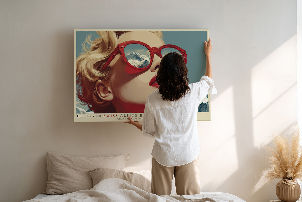 Paul Sinus Wandbild Discover Swiss Alpine Beauty – Retro-inspiriertes Porträt mit Bergreflexion – Stilvolles Wandbild voller Eleganz und Abenteuerlust.