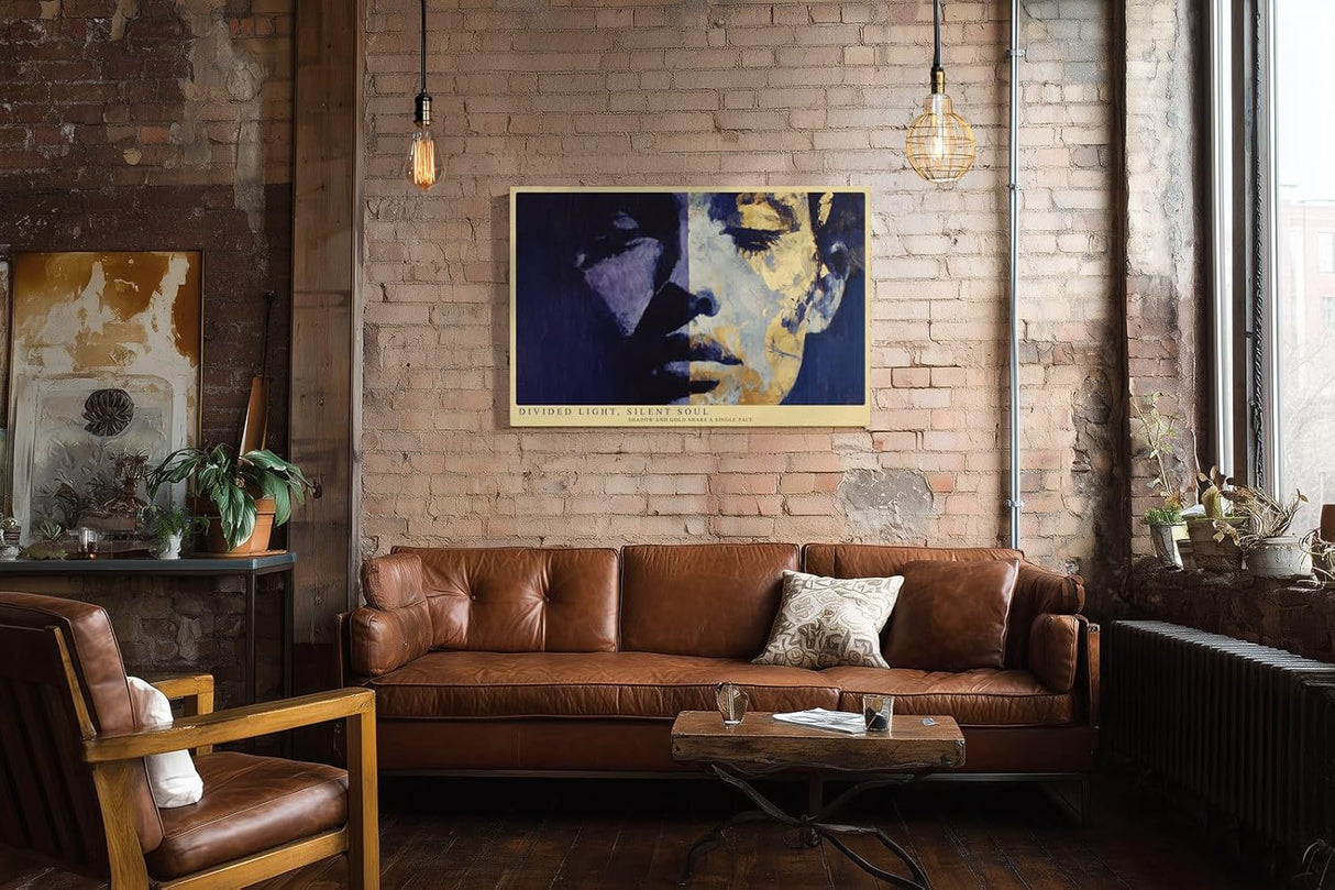 Paul Sinus Wandbild 120x80cm Divided Light Silent Soul modernes abstraktes Portrait in Blau und Gold Poster für Wohnzimmer Büro