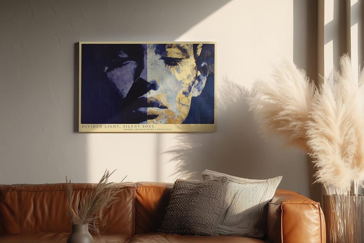 Paul Sinus Wandbild 120x80cm Divided Light Silent Soul modernes abstraktes Portrait in Blau und Gold Poster für Wohnzimmer Büro