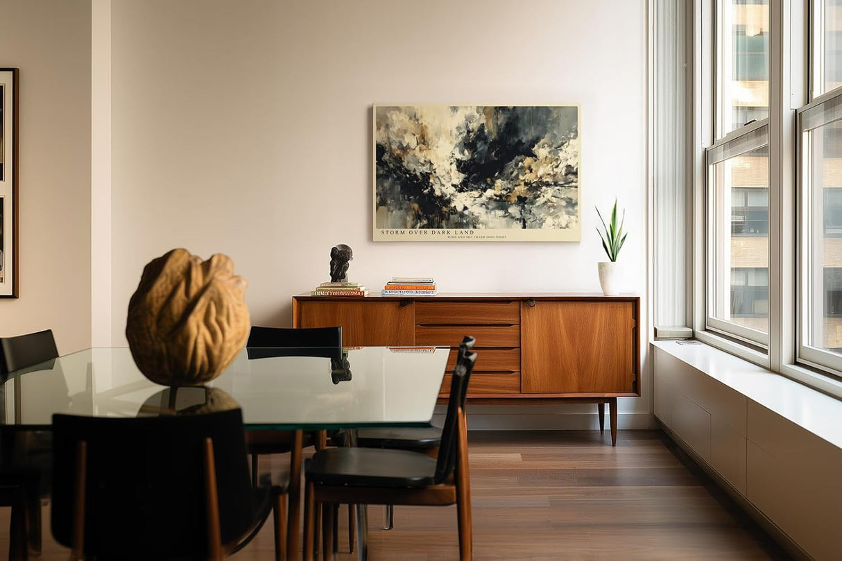 Paul Sinus Wandbild 120x80cm Dramatischer Sturm über Landschaft Abstrakte Natur Kunst in Beige Schwarz Wanddekoration