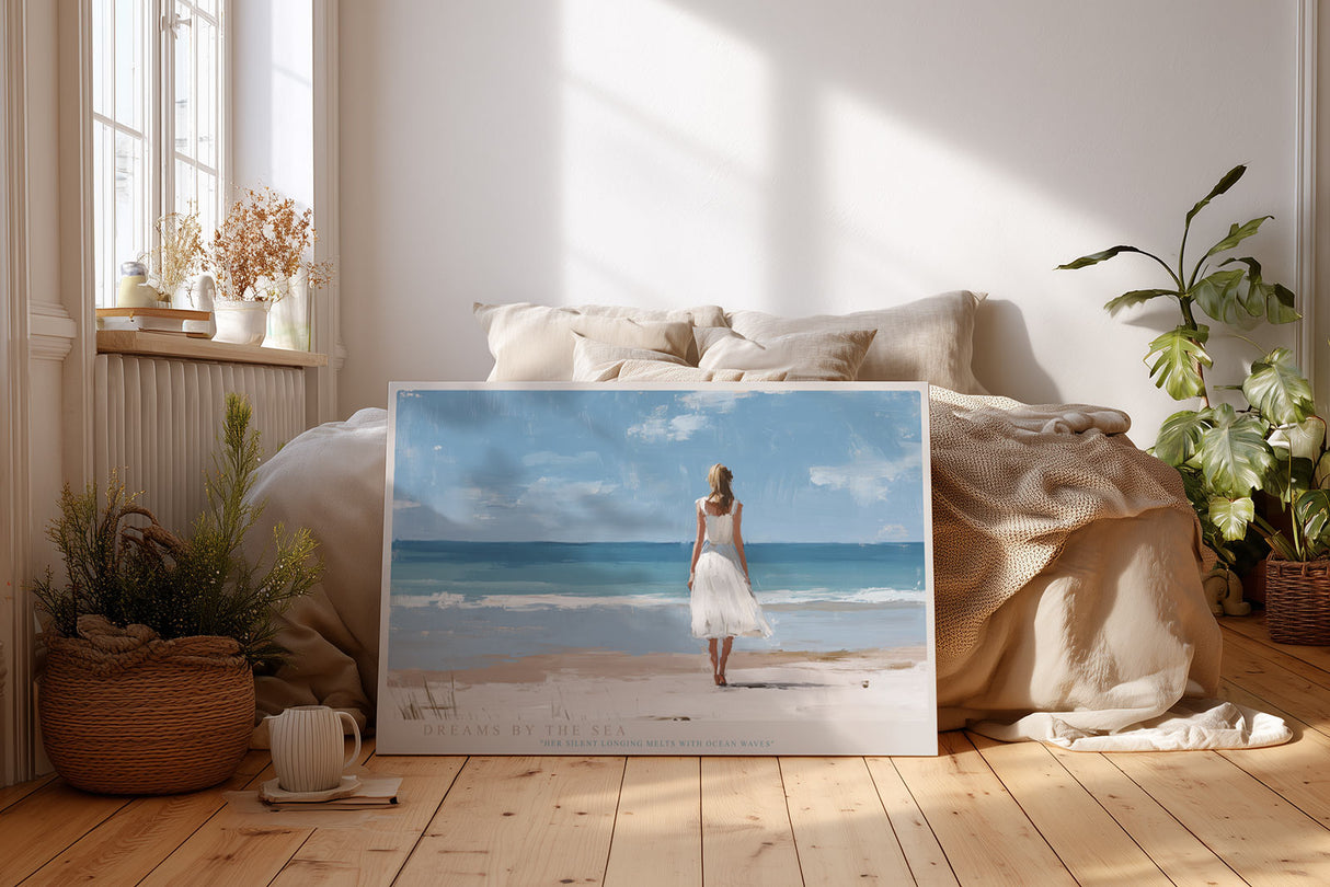 Paul Sinus Wandbild Dreams by the Sea – Frau im weißen Kleid am Meer im sanften Sonnenlicht
