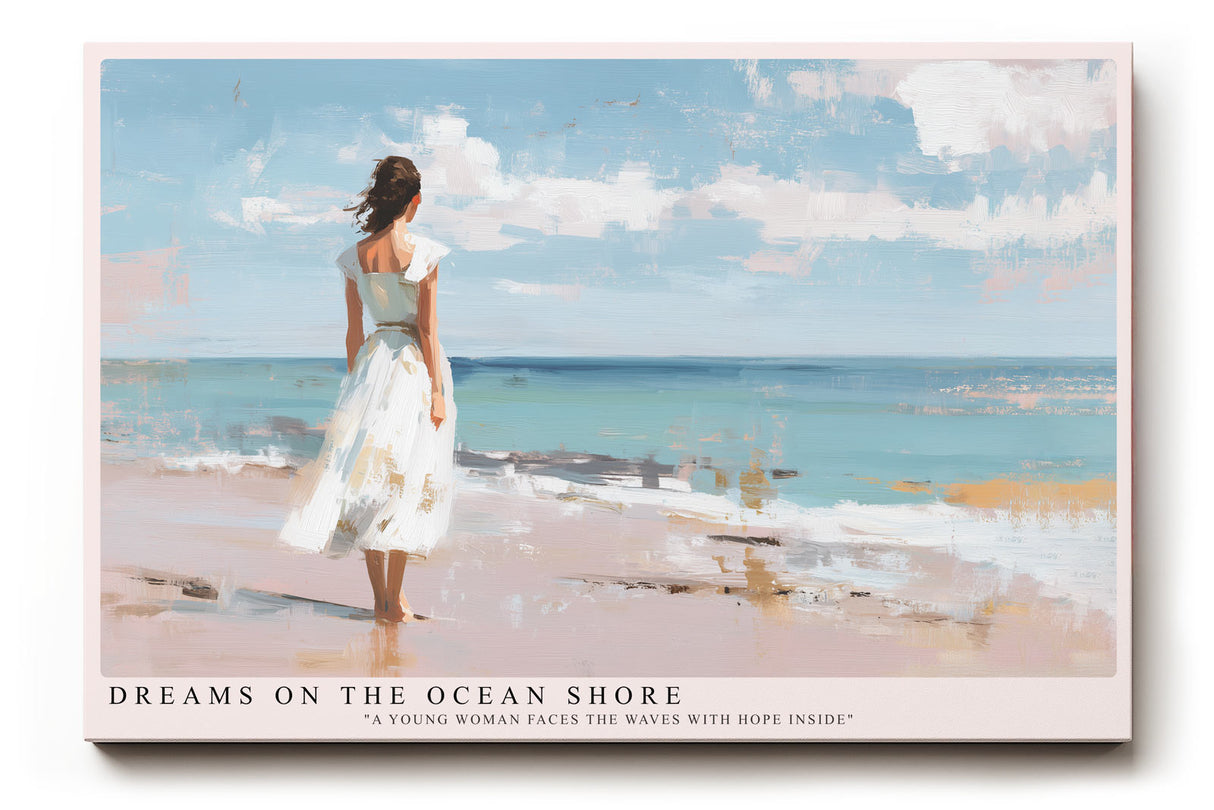 Paul Sinus Wandbild Dreams on the Ocean Shore Impressionistische Darstellung einer Frau im weißen Kleid am Meer, die verträumt auf die Wellen blickt.