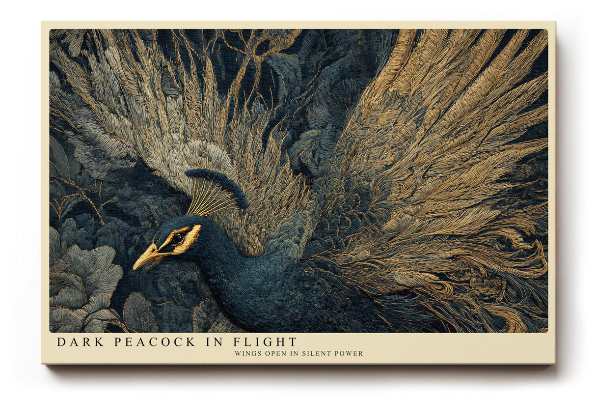 Paul Sinus Wandbild 120x80cm Dunkler Pfau im Flug – Elegante Tierkunst mit goldenen Federstrukturen und luxuriöser Ausstrahlung