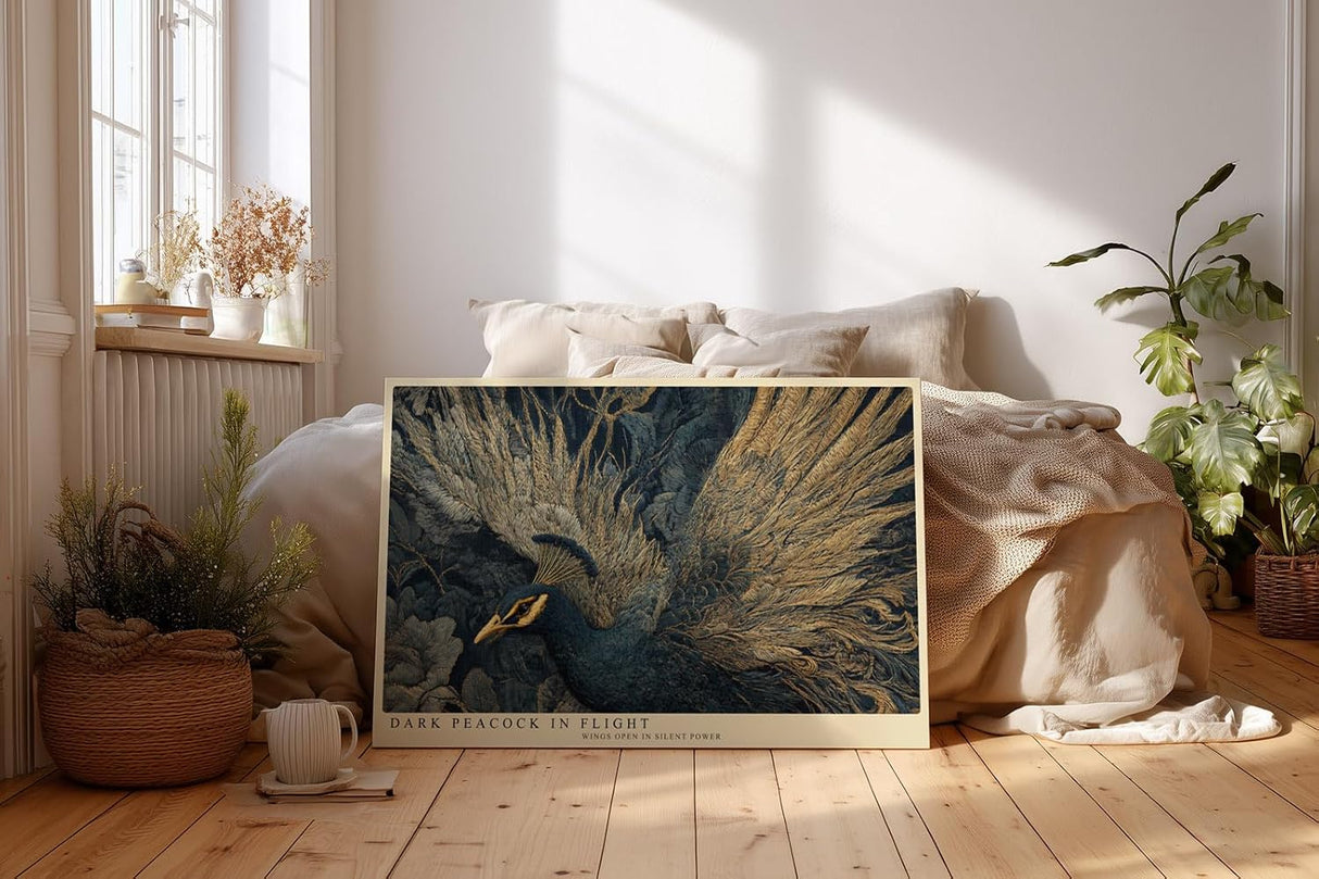 Paul Sinus Wandbild 120x80cm Dunkler Pfau im Flug – Elegante Tierkunst mit goldenen Federstrukturen und luxuriöser Ausstrahlung
