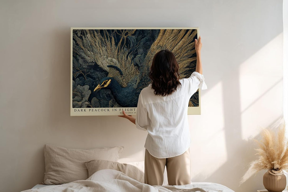 Paul Sinus Wandbild 120x80cm Dunkler Pfau im Flug – Elegante Tierkunst mit goldenen Federstrukturen und luxuriöser Ausstrahlung