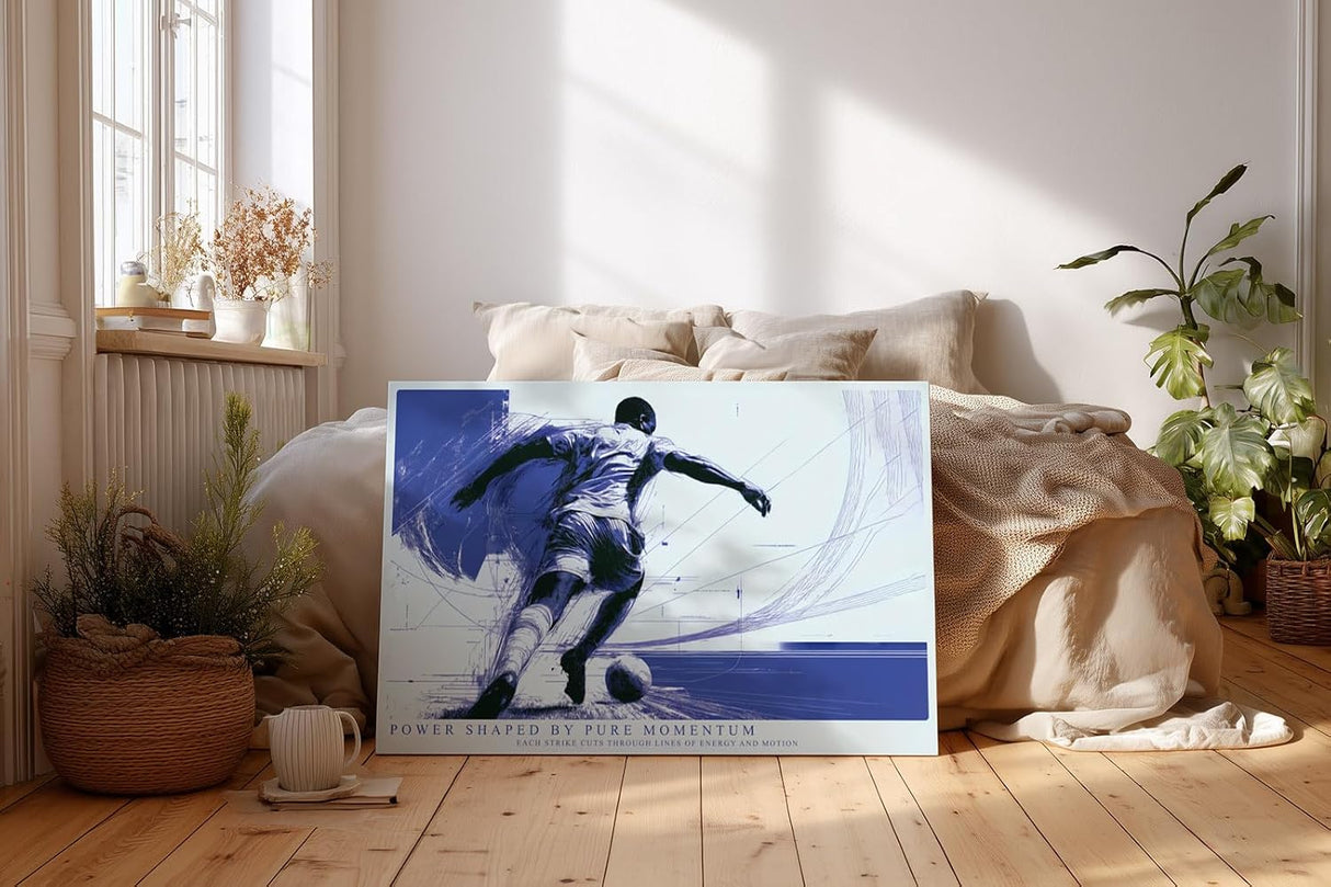 Paul Sinus Wandbild 120x80cm Dynamischer Fussballspieler moderne Sportkunst in Blau