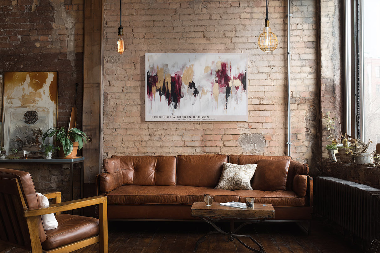 Paul Sinus Wandbild Echoes of a Broken Horizon – Abstrakte Kraft in Gold, Rot und Weiß mit moderner Ausdrucksstärke
