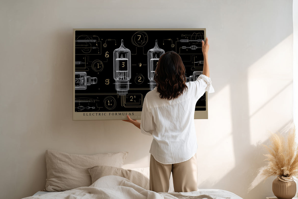 Paul Sinus Wandbild Electric Formulas technisches Kunstwerk mit Röhren und Zahlenstrukturen in gold-schwarzem Design für moderne Interieurs mit industriellem Flair