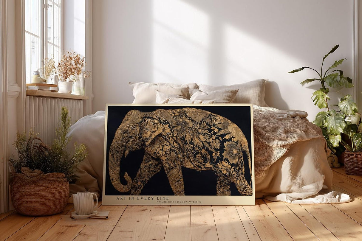 Paul Sinus Wandbild 120x80cm Elefant Ornament Kunst gold schwarz Tierillustration elegante Leinwand Wanddekoration exotisches Tiermotiv fuer Wohnzimmer Büro