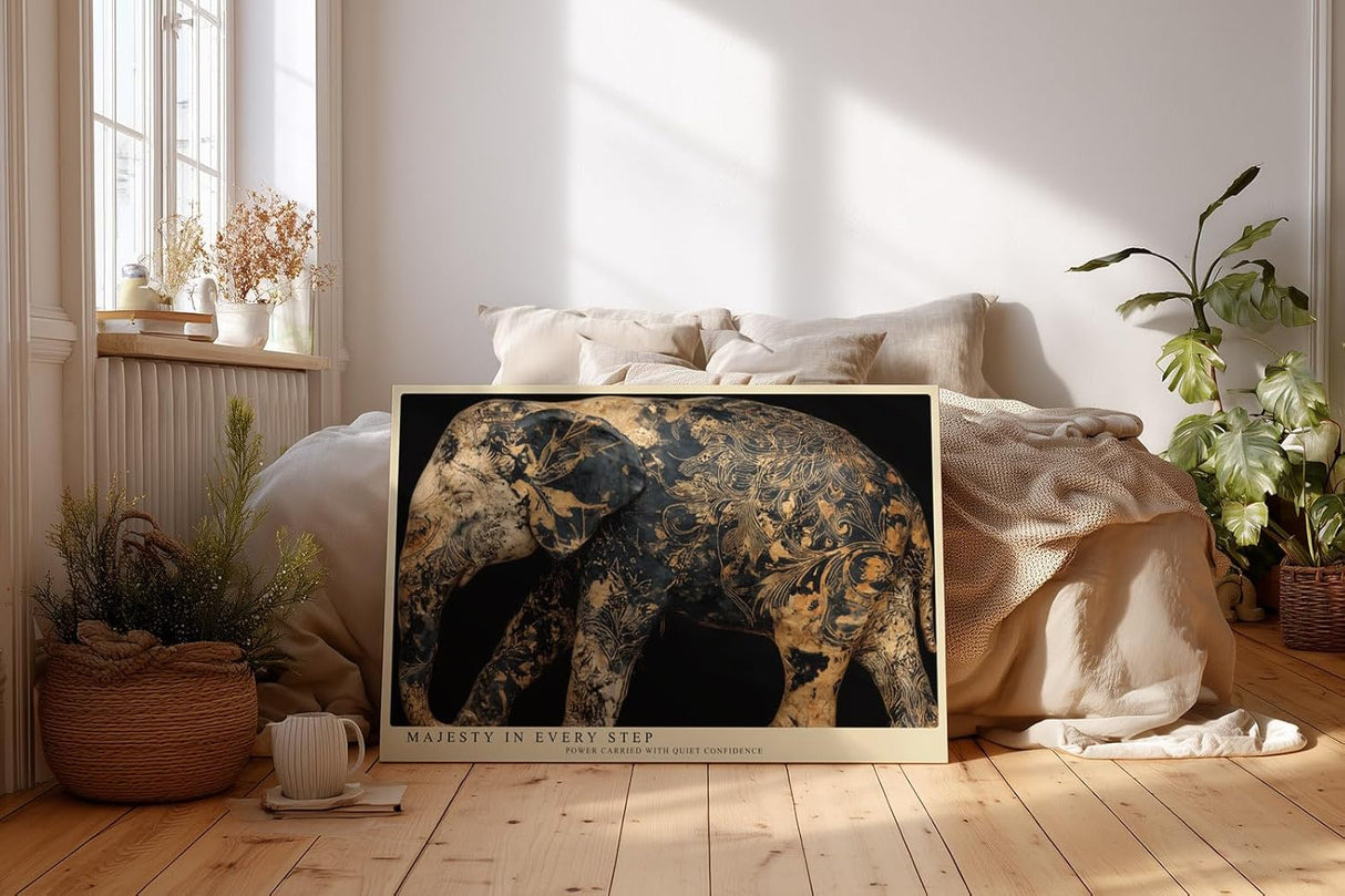 Paul Sinus Wandbild 120x80cm Elefant Ornamente schwarz gold moderne Tierkunst elegantes Kunstbild exotische Wanddekoration fuer Wohnzimmer Büro