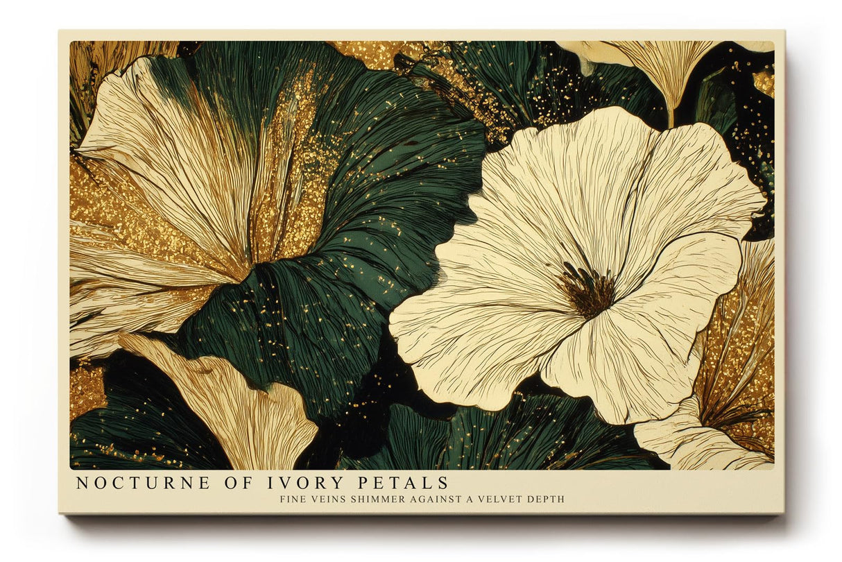 Paul Sinus Wandbild 120x80cm Elegante Blumen Gold Dunkelgruen Florale Kunst Modernes Naturmotiv mit edler Farbkomposition
