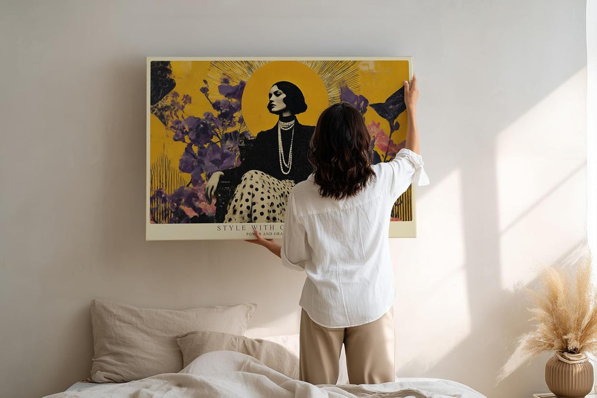 Paul Sinus Wandbild 120x80cm Elegante Frau mit goldenem Halo – Stilvolle Modekunst mit floralen Elementen für moderne Wohnräume