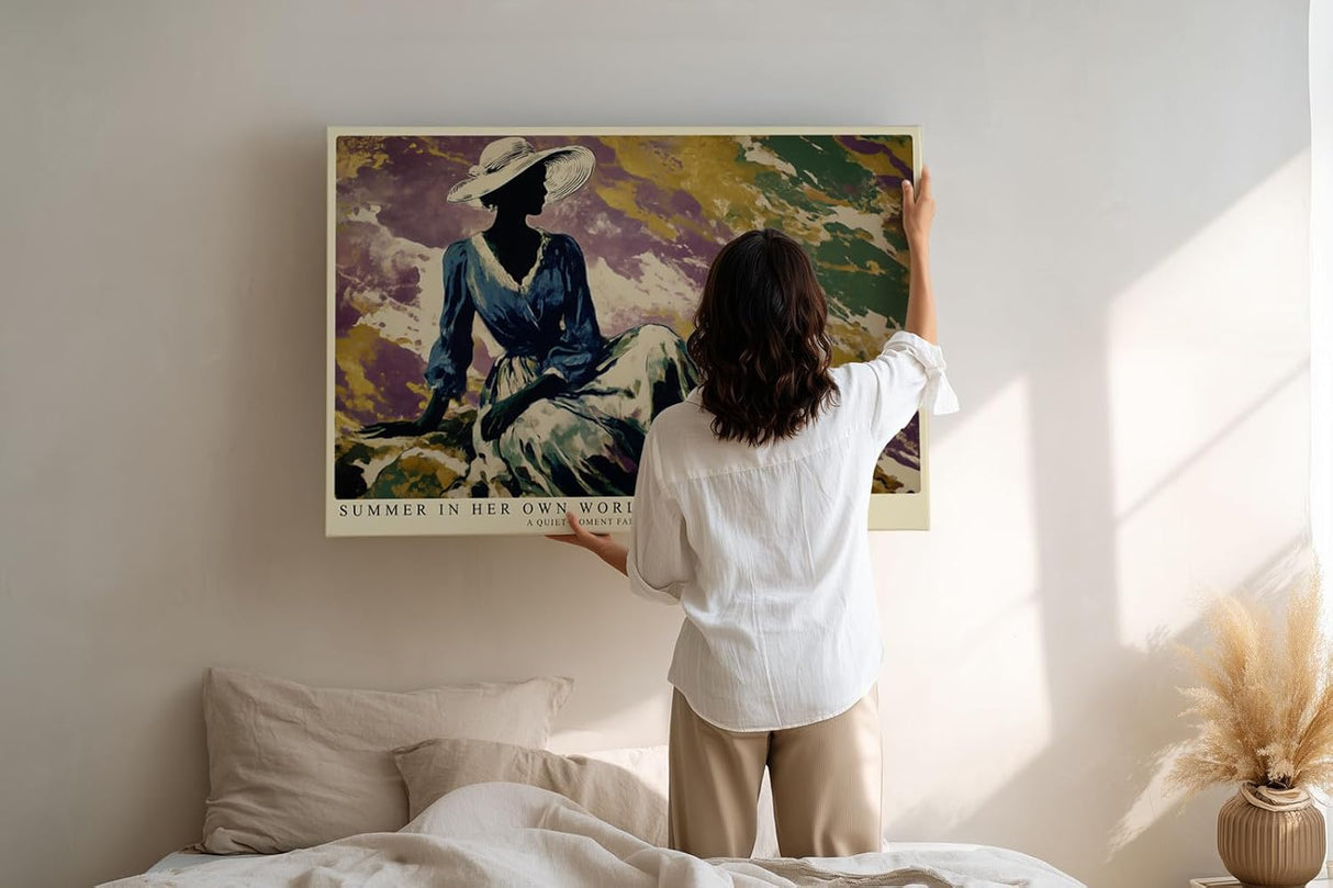 Paul Sinus Wandbild 120x80cm elegante Frau mit Hut moderne Malerei bunt sommerliche Kunstfigur grosses Kunstbild stilvolle Wanddekoration fuer Wohnzimmer
