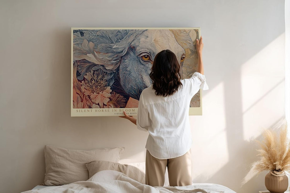 Paul Sinus Wandbild 120x80cm Eleganter Pferdekopf mit Blumen Kunstvolle Tierillustration in Blau und Creme Wanddekoration