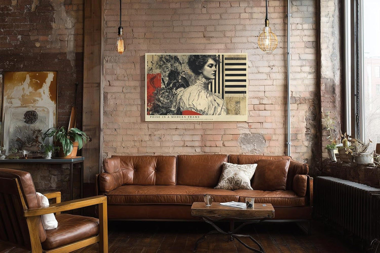 Paul Sinus Wandbild 120x80cm Elegantes Frauenportrait Moderne Collage Kunst in Beige Schwarz und Rot Stilvolle Wanddekoration