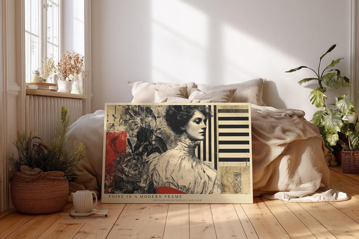 Paul Sinus Wandbild 120x80cm Elegantes Frauenportrait Moderne Collage Kunst in Beige Schwarz und Rot Stilvolle Wanddekoration