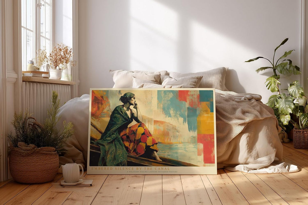 Paul Sinus Wandbild 120x80cm Embered Silence by the Canal elegante Figur am Kanal moderne Stadt Kunst Poster für Wohnzimmer Büro