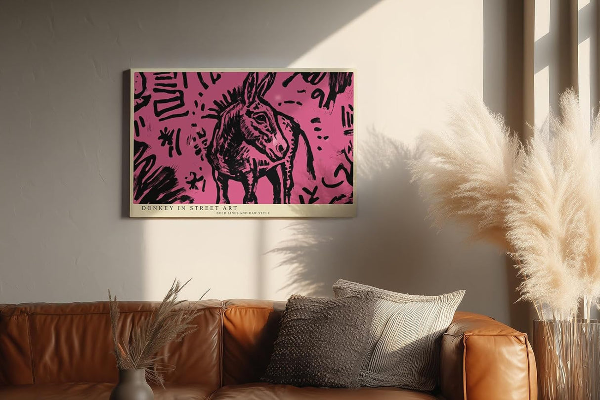 Paul Sinus Wandbild 120x80cm Esel Street Art Illustration pink schwarz modernes Graffiti Tiermotiv urbane Kunst modernes Poster stilvolle Wanddekoration für Wohnzimmer Büro Atelier