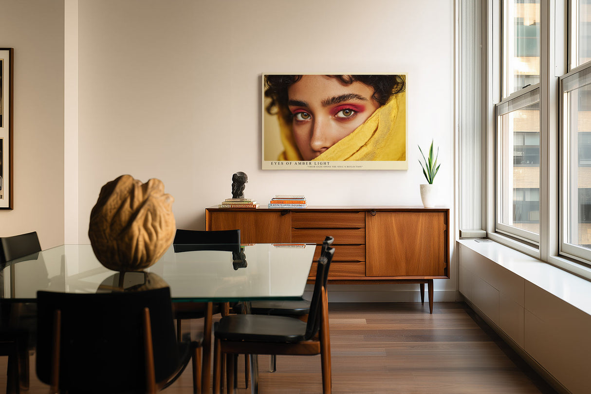 Paul Sinus Wandbild Eyes of Amber Light – intensives Porträt mit bernsteinfarbenen Augen und warmen Gelbtönen symbolisiert Tiefe und Emotion