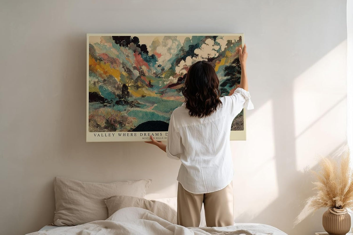 Paul Sinus Wandbild 120x80cm Fantasie Landschaft Moderne Kunst in Grün Blau und Gold Abstrakte Natur für Wohnzimmer Büro und Atelier