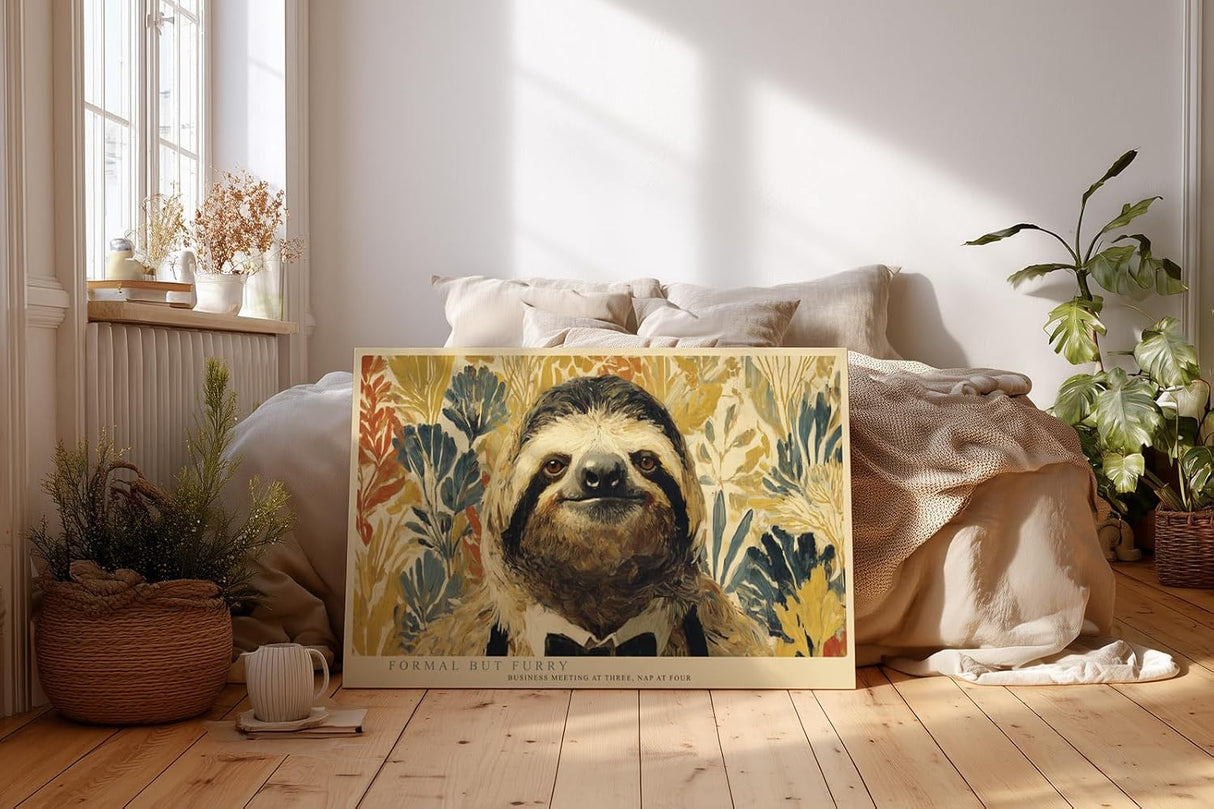 Paul Sinus Wandbild 120x80cm Faultier Tierportrait humorvolle Tier Illustration naturfarben modernes Tier Kunstbild Wanddekoration fuer Wohnzimmer Kinderzimmer Büro