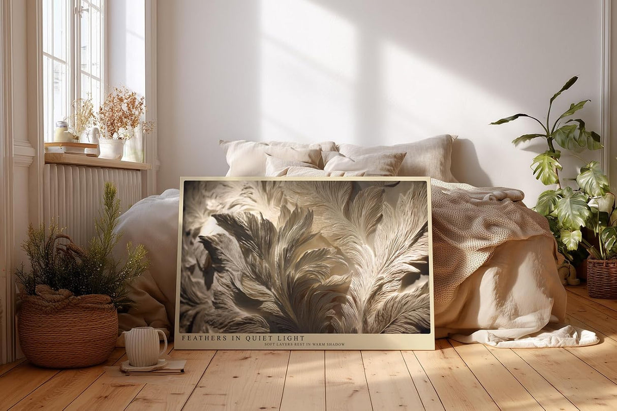 Paul Sinus Wandbild 120x80cm Feathers in Quiet Light elegante Federn Struktur Kunst in warmen Naturtönen Poster für Wohnzimmer Schlafzimmer