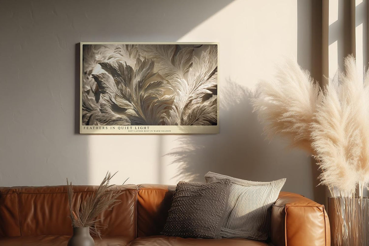 Paul Sinus Wandbild 120x80cm Feathers in Quiet Light elegante Federn Struktur Kunst in warmen Naturtönen Poster für Wohnzimmer Schlafzimmer