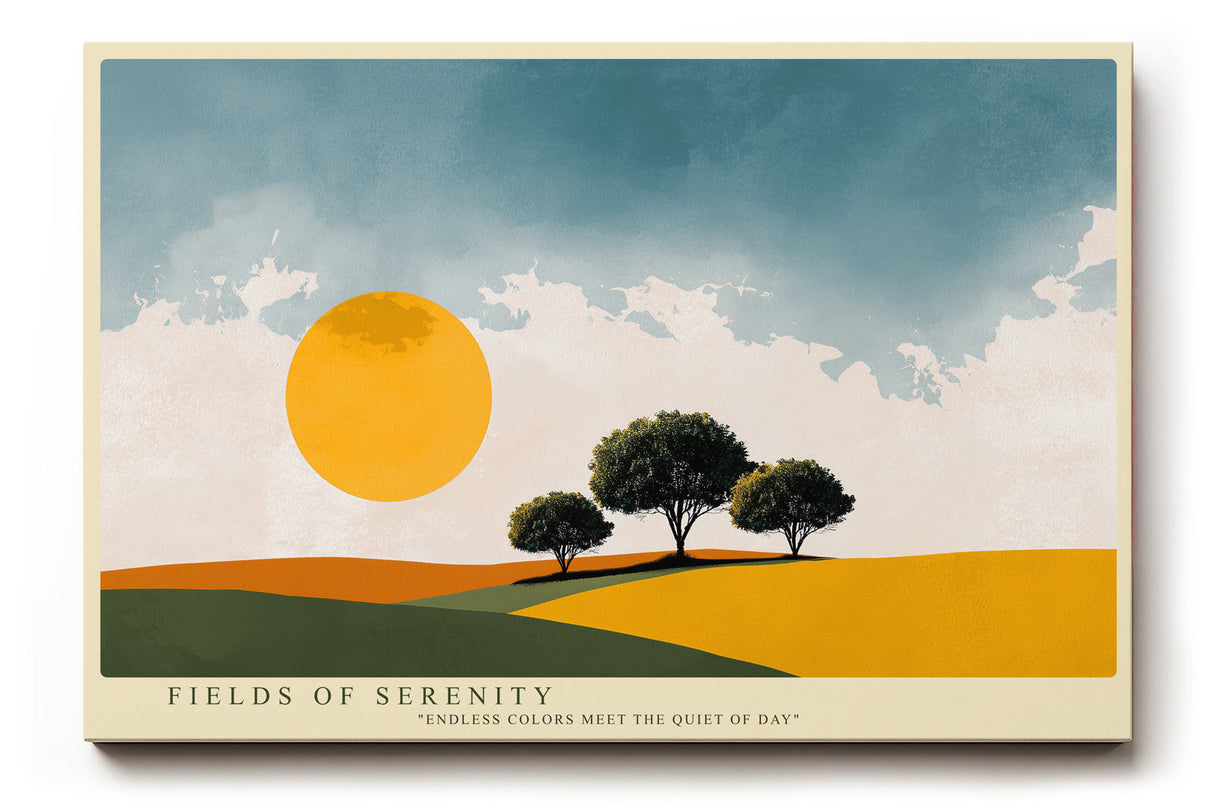 Paul Sinus Wandbild Fields of Serenity – Minimalistische Landschaft mit leuchtender Sonne und sanften Farbtönen, Symbol für Ruhe und Weite