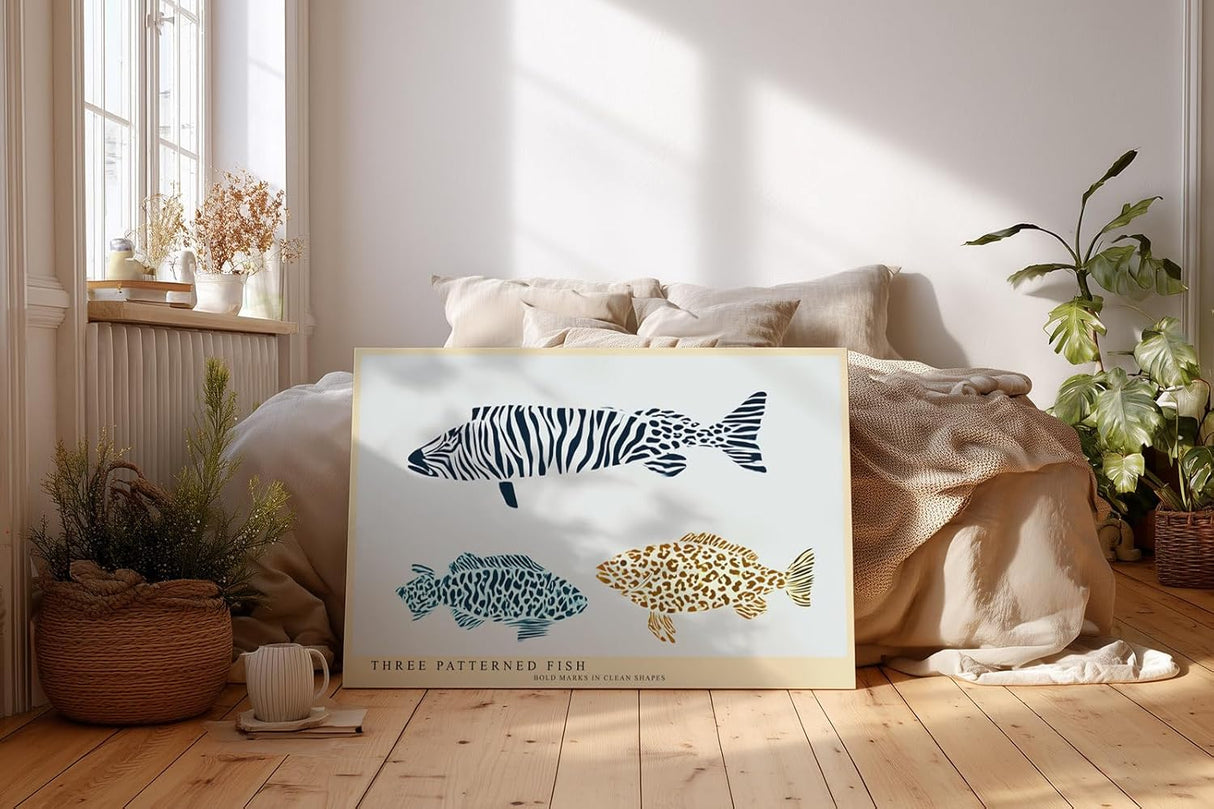 Paul Sinus Wandbild 120x80cm Fische grafische Illustration modern maritimes Design Muster Kunstdruck stilvolle Wanddekoration fuer Wohnzimmer Bad Kueche Flur